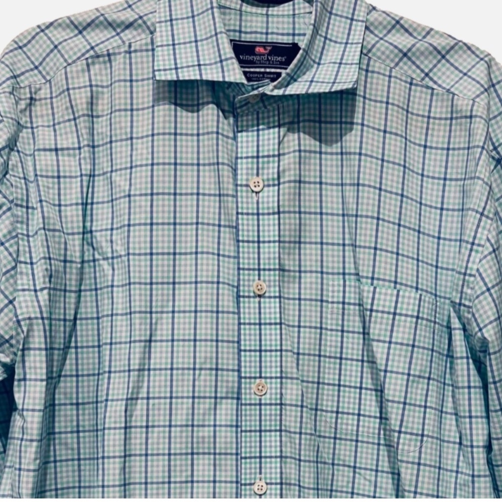Vineyard Vines Classic Men’s Medium Plaid Cooper Shirt Blue/blue-green/white - Picture 5 of 5